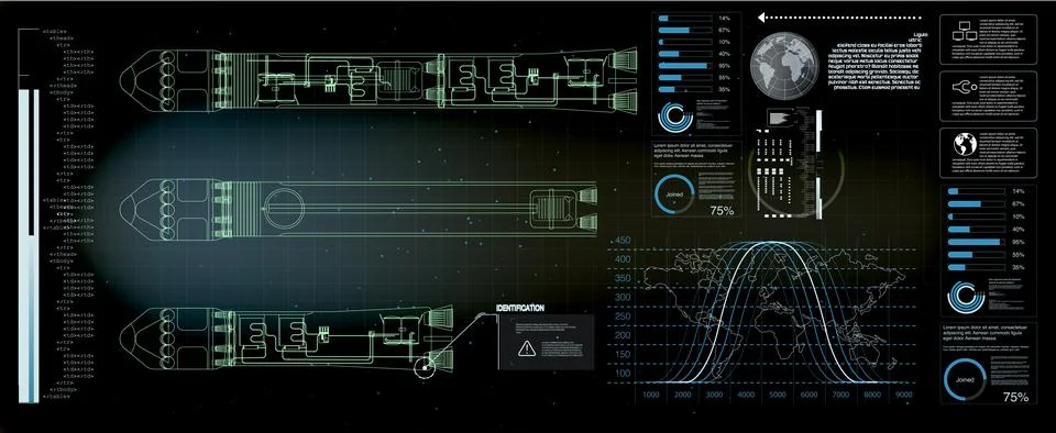 High-tech heads up display with glowing rocket blueprints. Sci-fi interface f イラスト素材