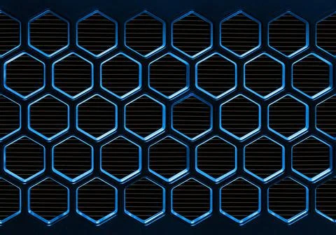 High tech hexagonal cellular honeycomb surface with blue neon color borders. Stock Photos