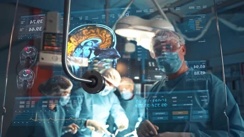 High tech hospital surgeons perform brain surgery using augmented reality Stock Footage 172084001