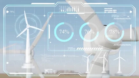 High-Tech HUD Display Data: Wind Turbine Infographic in 4K Stock Footage 253255544