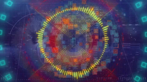 High-tech HUD showing concentric yellow bars and red dots, overlaid with data Stockbeeldmateriaal 308654583
