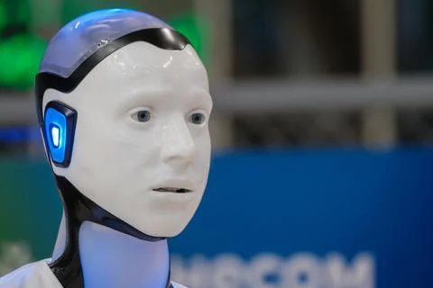 High-tech humanoid robot with illuminated features at a technology exhibition Stock Photos