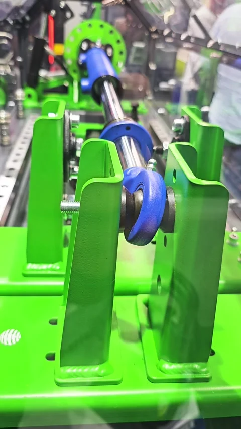 High-Tech Hydraulic Cylinder Test Bench Stand with Green Metal Supports Stock Footage 337765440
