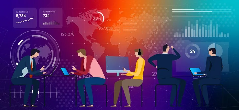 High tech illustration of digital workspace with world map background team Stock Illustration