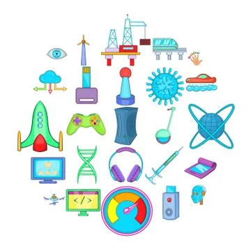 High tech industry icons set, cartoon style Stock Illustration