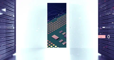 High tech infrastructure with data center servers and glowing circuitry. Stock Footage 332288110