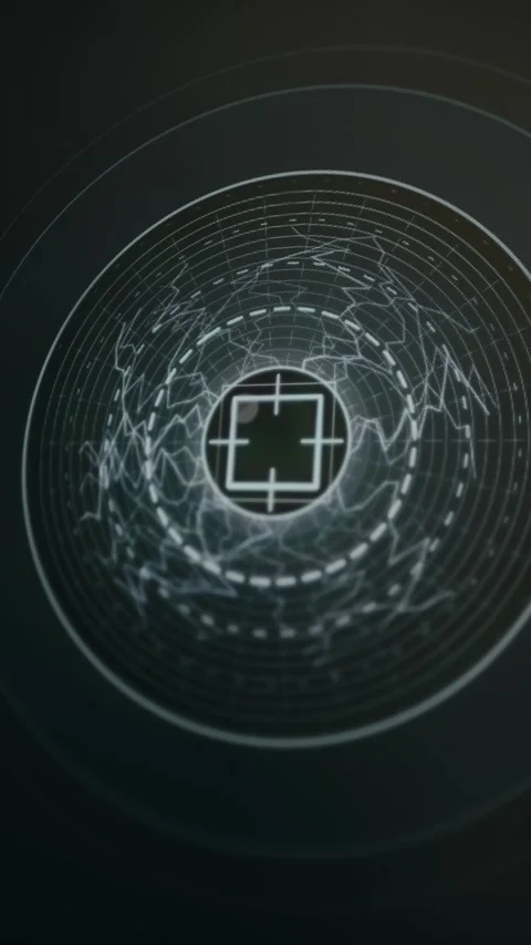 High-tech iris scan interface featuring layered rings, radial textures, and Stock Footage 333822760
