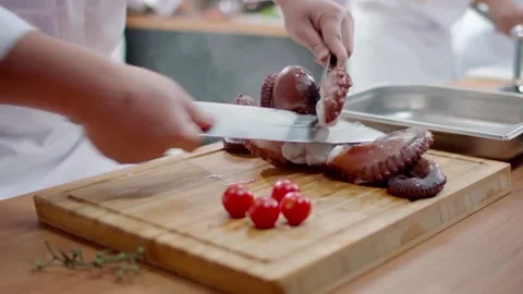 High tech kitchen. Cooking seafood Stock Footage 141601028