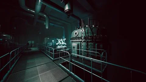 High tech lab with advanced equipment, glowing at night Stock Illustration