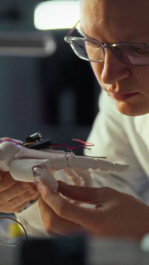 In high-tech lab buzzing with monitors and tools engineer carefully assemble Stock Footage 331794877