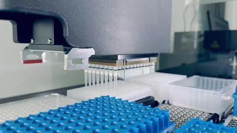 High-tech laboratory automation system, mechanical robotic arm working on blue Stock Footage 278360623