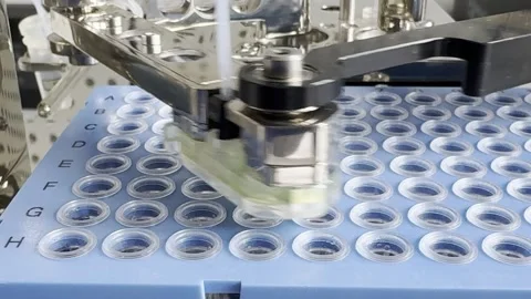 High-tech laboratory automation system, mechanical robotic arm working on blue Stock Footage 278388452