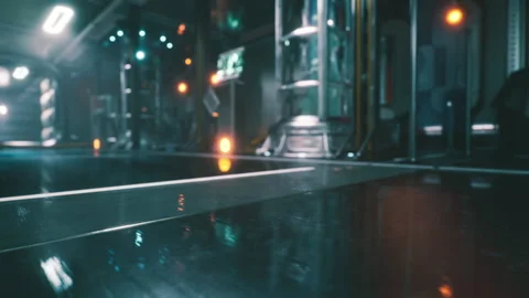 High tech laboratory corridor with glowing lights and reflective floor surfaces Stock Footage 304467119