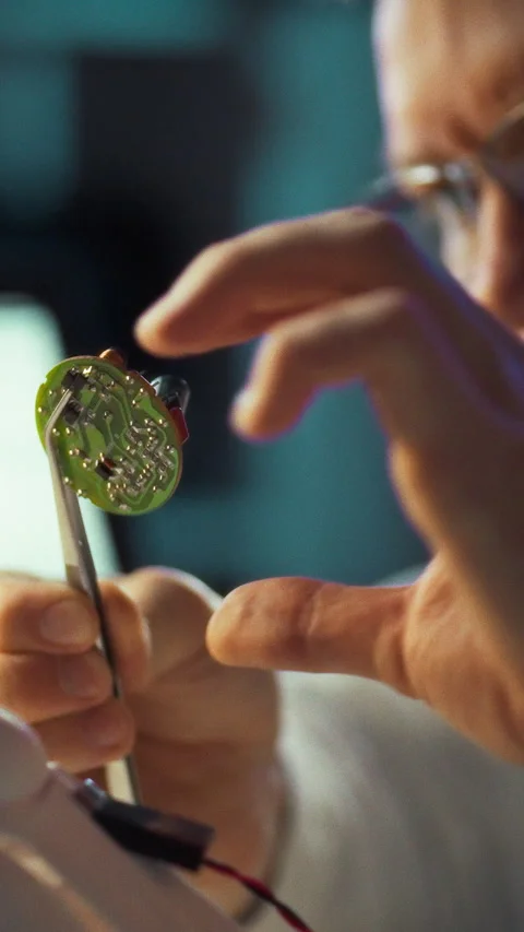 In high-tech laboratory electronics expert carefully repairs circuit board w Stock Footage 331794733