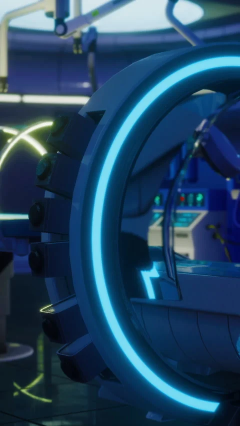 A high tech laboratory shows a machine with glowing parts Stock Footage 336583711