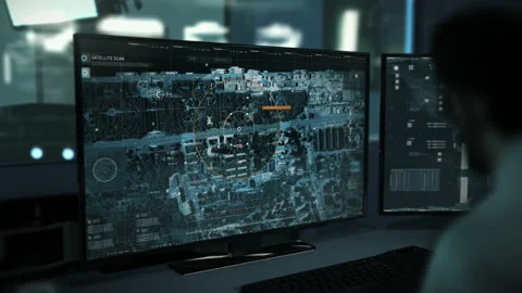 High tech location tracking system searching for the criminals in urban area Stock Footage 201301010