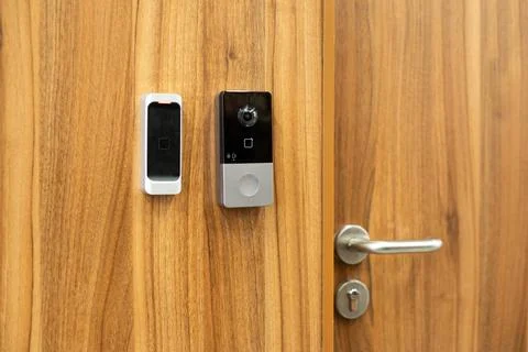 High tech lock with modern key access via card, fingerprint, face scan or voi Stock Photos