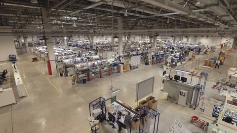 High-tech machinery and technology equipment in in sterile factory hall for Stock Footage 120077591