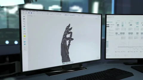 High tech machinery building a virtual projection of the artificial human hand Stock Footage 235650984