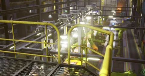 High tech manufacturing facility with robotic arms and assembly lines in acti Stock Illustration