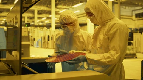 HIgh Tech Manufacturing Laboratory Silicon Chip Production Stock Footage 296176235