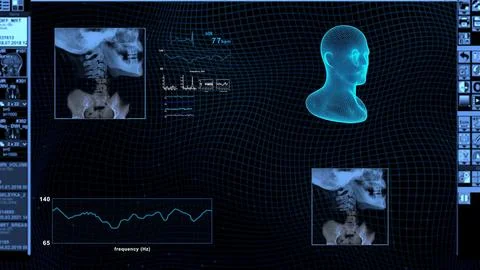 High-Tech Medical Interface with X-Ray and 3D Model Scans Illustrazione stock