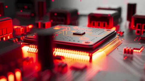 High-tech motherboard with glowing central processor Video stock 335578208
