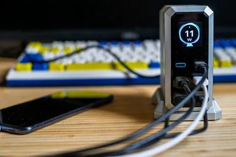 High-Tech Multi-Port Charging Station with Power Display Stock Photos