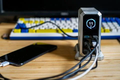 High-Tech Multi-Port Charging Station with Power Display Stock Photos