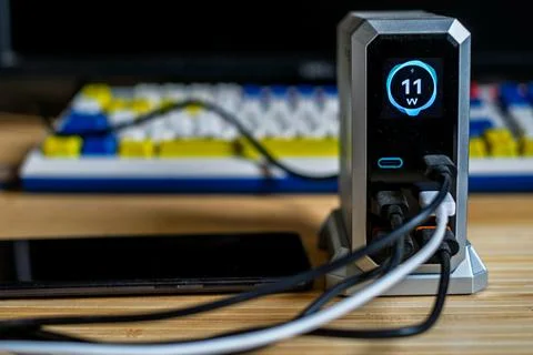High-Tech Multi-Port Charging Station with Power Display Stock-Fotos