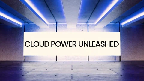High-tech neon screen animation with the phrase Cloud Power Unleashed Stock Footage 312544021