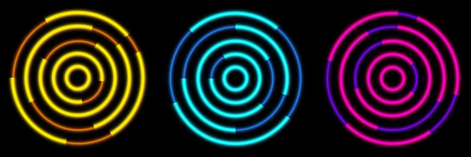 High Tech Neon Target Background with Glowing Concentric Circles and Futuri.. Stock Illustration