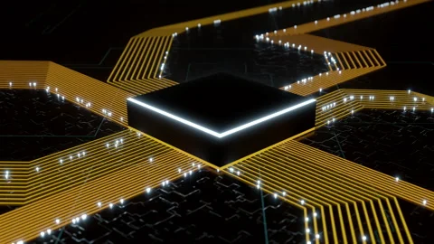 HIgh Tech processor chip concept with golden (yellow) traces with signals Stock Footage 246939220