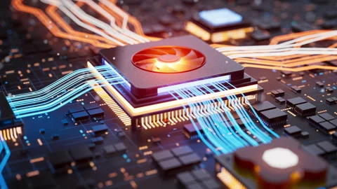 High-tech processor on glowing motherboard Stock Footage 338986468