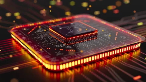 High-tech processor with luminous pathways and data streams Stock Footage 338985495