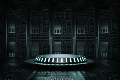 High-tech product podium platform studio in spaceship with electric wire la.. Stock Illustration