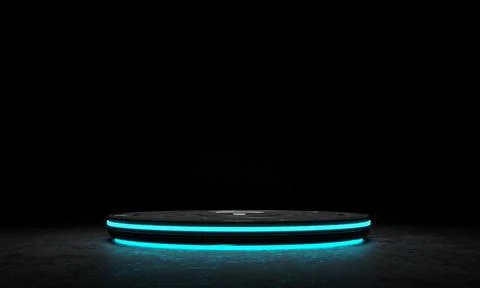 High-tech product podium platform studio in dark spaceship with glowing il... Stock Photos