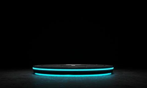 High-tech product podium platform studio in dark spaceship with glowing ill.. Stock Photos
