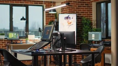 High tech programming office with workstations to plan 3d development Stock Photos