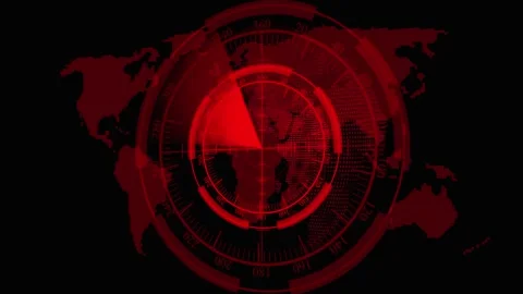 High-tech red radar interface layered on digital world map showing precise .. Stock Footage 321590279
