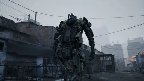 A high-tech robot walks through the slums of the old city. Slums and abandoned Stock Footage