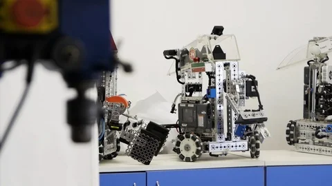 High-tech robot with wires and wheels Stock Footage 121497779