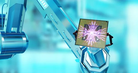 High tech robotic arm picks super computer chip processor. Stock Footage 234414950
