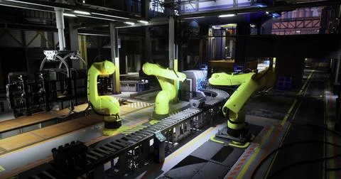 High tech robotic arms work on an assembly line in a modern factory setting Illustrazione stock