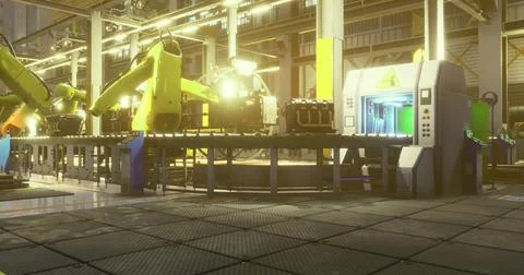 High tech robotic assembly line operating in a modern industrial facility Stock Illustration