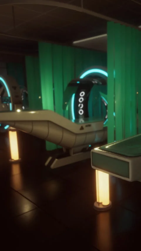 High tech room with machines and green curtains in a futuristic setting Stock Footage 337970703