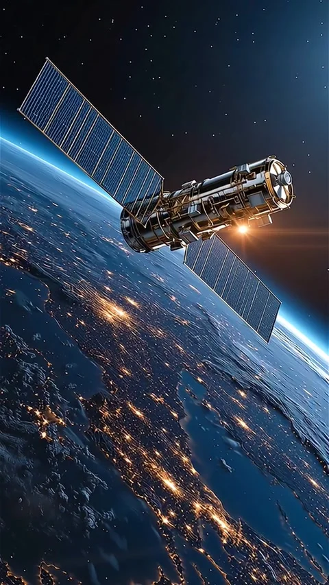 High-Tech Satellite Orbiting Earth at Night with Communication Concept Stock Footage 313021227
