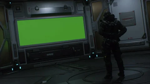 High-Tech Scene: Soldier Before Green Screen for Cinematic Setup Stock Footage 155618210