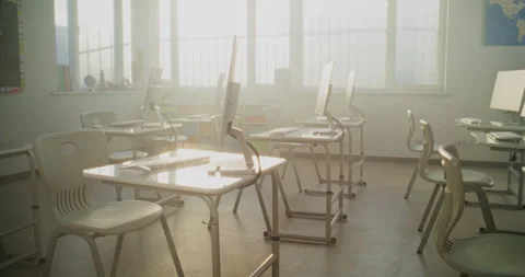 High-Tech School Computer Lab with Minimalist Furniture and PC Monitors Stock Footage 316299884