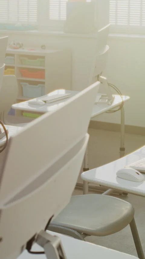 High-Tech School Computer Lab with Minimalist Furniture and PC Monitors Stock Footage 317167856